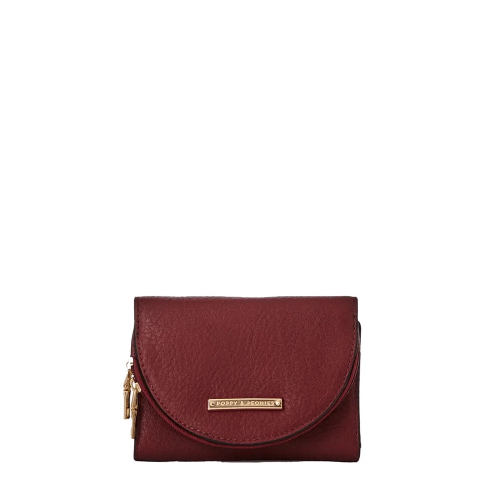 Poppy & Peonies Maroon Leather Fold Wallet with Gold Hardware